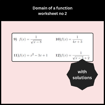 Preview of Domain of a function worksheet no 2 (with solutions)