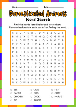 Preview of Domesticated Animals Names Fun Vocabulary Word Search Worksheet Puzzle