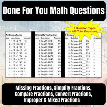 Preview of Done For You Fractions Set 1a Questions - 5 Question Types - 80 Questions Each