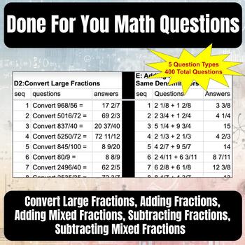 Preview of Done For You Fractions Set 2a Questions - 5 Question Types - 80 Questions Each