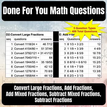 Preview of Done For You Fractions Set 2b Questions - 5 Question Types - 80 Questions Each