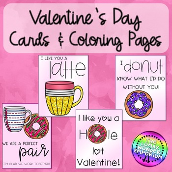 Preview of Donut and Coffee Valentine's Day Cards and Coloring Pages