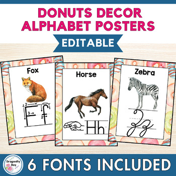 Preview of Donuts Alphabet Classroom Decor Posters in 6 Fonts EDITABLE