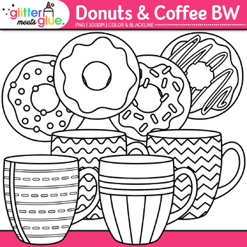 Preview of Donuts & Coffee Clipart: Cute Doughnuts with Sprinkles Clip Art Black & White