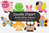 Doodle Animals, Birds, and Insects Clip Art Illustration Set