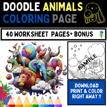 Preview of Doodle Animals Coloring Pages - 40 Challenges - 300 DPI - 11*11 Po + BONUS