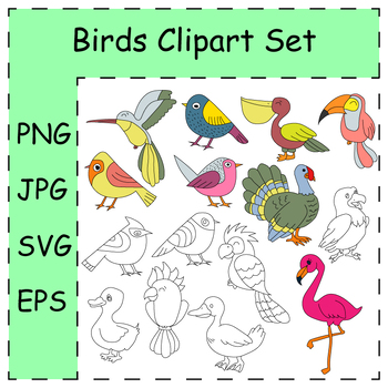 Preview of Doodle Birds Clipart. Hand-drawn Birds Flat Illustrations. Kawaii Cartoon Birds