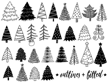 Doodle Christmas Tree Clip Art. Hand Drawn Fir, Pine Trees Illustrations.