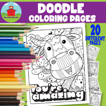Preview of Doodle Coloring pages Cute Animals with positive affirmations