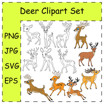 Preview of Doodle Deer Clipart Collection. Kawaii Cartoon Wild Animals Set | Commercial Use