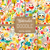 Doodle - Funny Cute Watercolor Doodling Digital Papers