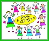 Doodle Girls with Hearts Clip Art