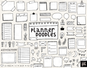 Preview of Doodle Planner Sticker Clip Art.  Hand Drawn Bullet Journal Clipart. Washi PNG