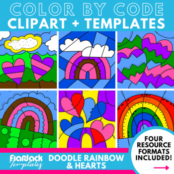 Preview of Doodle Rainbow & Hearts Color By Code Clipart + Editable Templates