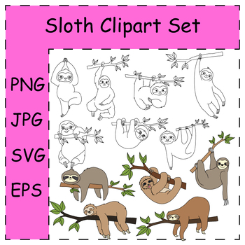 Preview of Doodle Sloth Clipart Set. Cartoon Sloth Clipart Collection | Commercial Use