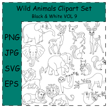 Preview of Doodle Wild Animals Clipart. Deer, Elephant,Lion,Sloth,Squirrel | Commercial Use