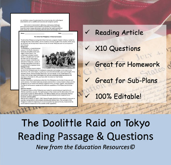 Preview of Doolittle Raid on Tokyo - Reading Comprehension Passage & Questions