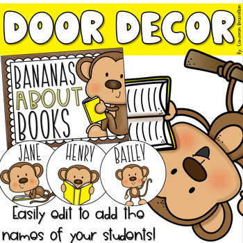 Preview of Door Decorations Bulletin Board Library Book Reading Monkey Theme EDITABLE
