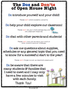 Dos & Don'ts of Open House Parent to Teacher Info Sheet FREEBIE