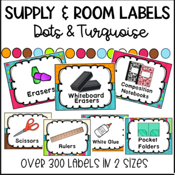 Preview of Dots on Turquoise Room & Supply Labels - Bright Colors - Classroom Decor