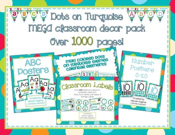 Preview of Multi-Colored Polka Dots on Turquoise Themed MEGA Classroom Decor Bundle