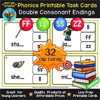 Preview of DOUBLE FINAL CONSONANT ENDING TASK CLIP CARDS PHONICS FLOSS RULE REVIEW ACTIVITY