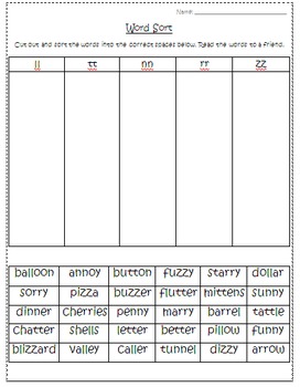 Double Consonants- Final and Middle- Word Sorts by Tickled Primary