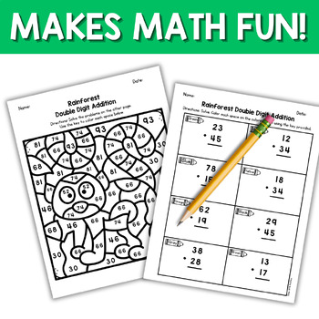 Double Digit Addition Color by Answer Rainforest Lemur 2nd Grade Math ...