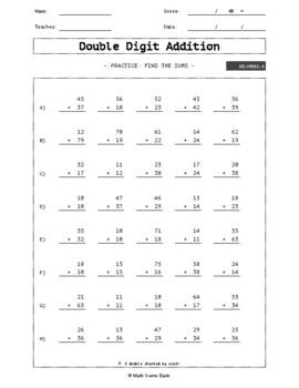 Preview of Double Digit Addition (200 questions with Answer Key)