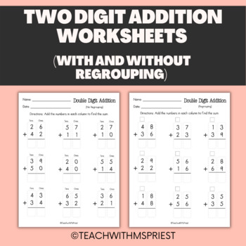 Preview of Double Digit Addition With and Without Regrouping Freebie