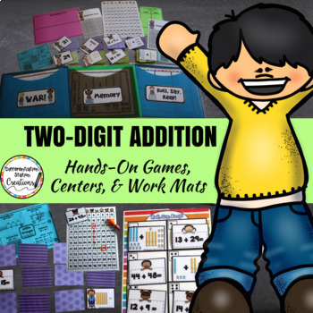 Preview of Double Digit Addition- Two Digit Addition Games (War, Memory, Roll, Say Keep)