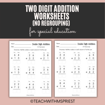 Preview of Double Digit Addition Worksheets (No Regrouping) 