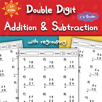 Double Digit Addition and Subtraction Worksheets with Regrouping 1-2 Grade