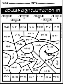 Ocean Animal Color by Code- Two Digit Addition and Subtraction NO ...