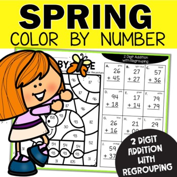 Preview of Double Digit Addition with Regrouping | 2nd Grade Spring Activities Color Code