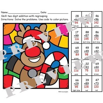 Double Digit Addition with Regrouping Christmas Color by Number Rudolph