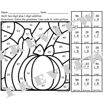 Double Digit Addition with Regrouping Thanksgiving Color by Number Squash