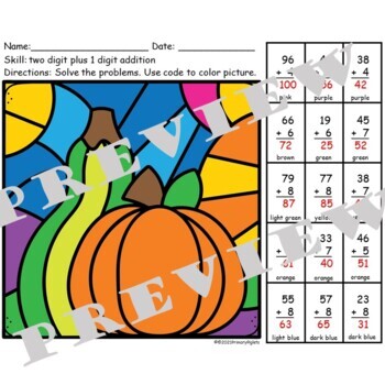 Double Digit Addition with Regrouping Thanksgiving Color by Number Squash