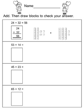 Double Digit Addition without Regrouping Worksheets with Base Ten Blocks