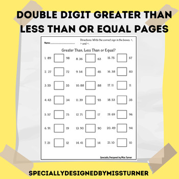 Preview of Double Digit Greater Than Less Than or Equal to Worksheets PRINTABLE*