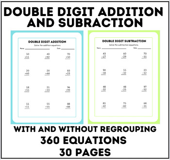 Preview of Double Digit Math Equations Subraction & Addition | 2 Digits | 360 Equations