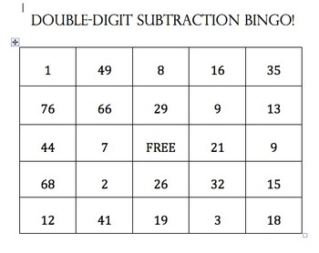 Preview of Double Digit Subtraction Bingo