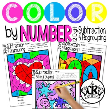 Preview of Double Digit Subtraction with Regrouping Color By Code Winter Holidays