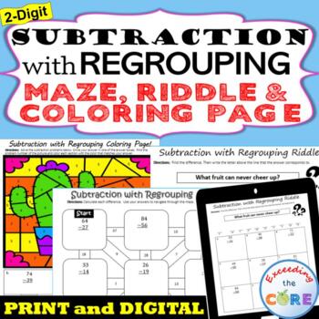 Preview of 2-DIGIT SUBTRACTION with REGROUPING Maze, Riddle, Coloring | PRINT OR DIGITAL