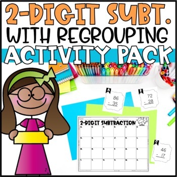 Preview of Double Digit Subtraction with Regrouping - Task Cards, Word Problems & Game