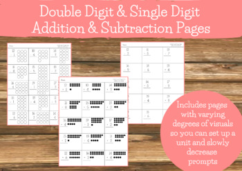 Preview of Double Digit and Single Digit Addition and Subtraction Pages (with visuals)