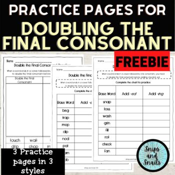 Preview of Double Final Consonant (When adding -ed and -ing) Practice Worksheets FREEBIE