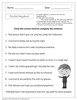 Double Negatives Worksheets by Homework Hut | Teachers Pay Teachers