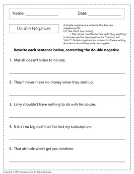 double negatives worksheets by homework hut teachers pay