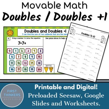 Preview of Doubles Facts Doubles Plus One Google Slides Seesaw Printable Worksheets